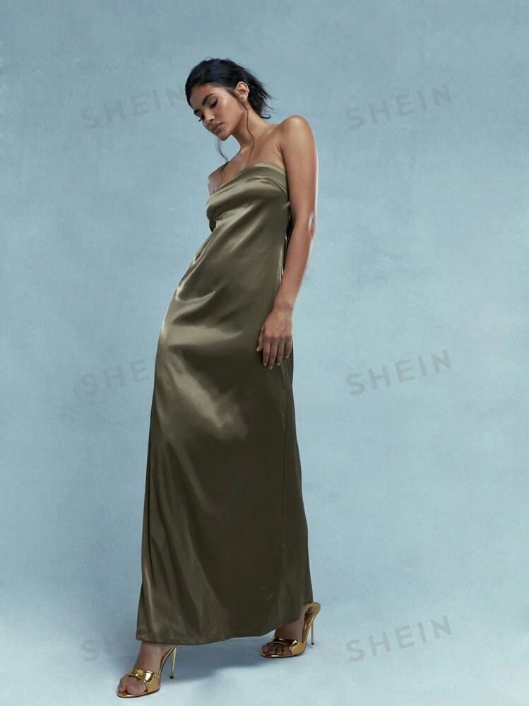 MISSGUIDED Metal Clasp Back With Cowl Back Satin Bandeau Maxi Dress | SHEIN