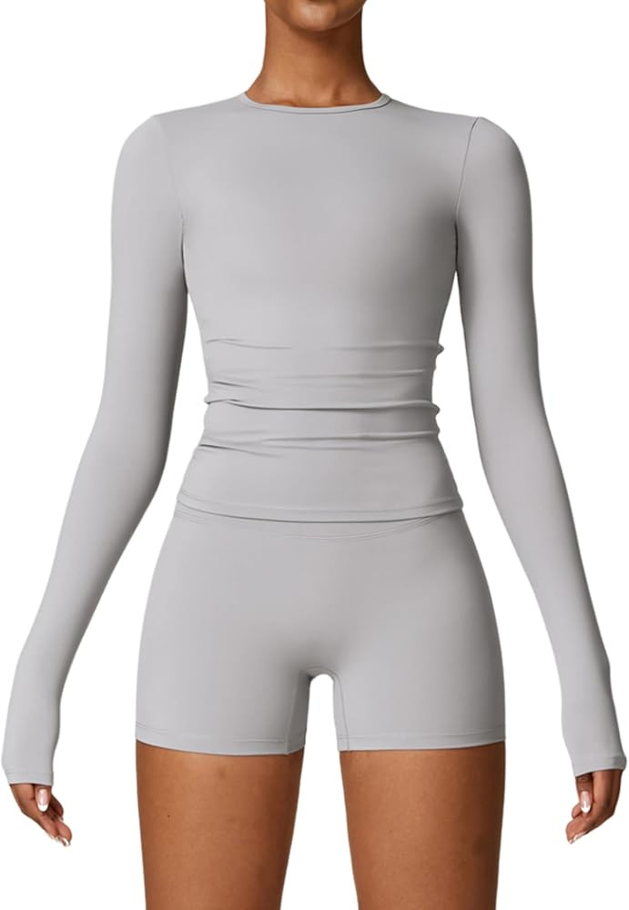 Womens Workout Sets Two Piece Long Sleeve Top Matching High Waist Shorts Sets Fall Winter Gym Wor... | Amazon (US)