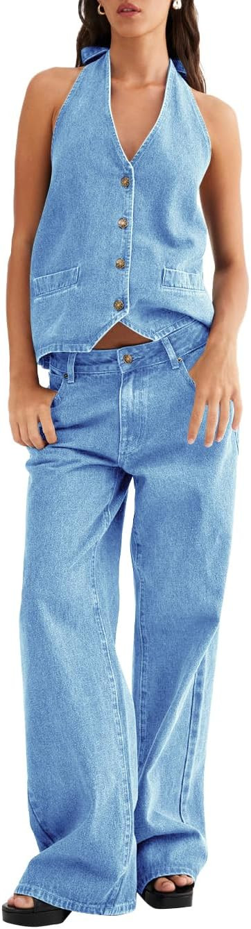Fisoew Women's Two Piece Denim Set Button Down Backless Tank Top and Wide Leg Jeans 2 Piece Outfi... | Amazon (US)