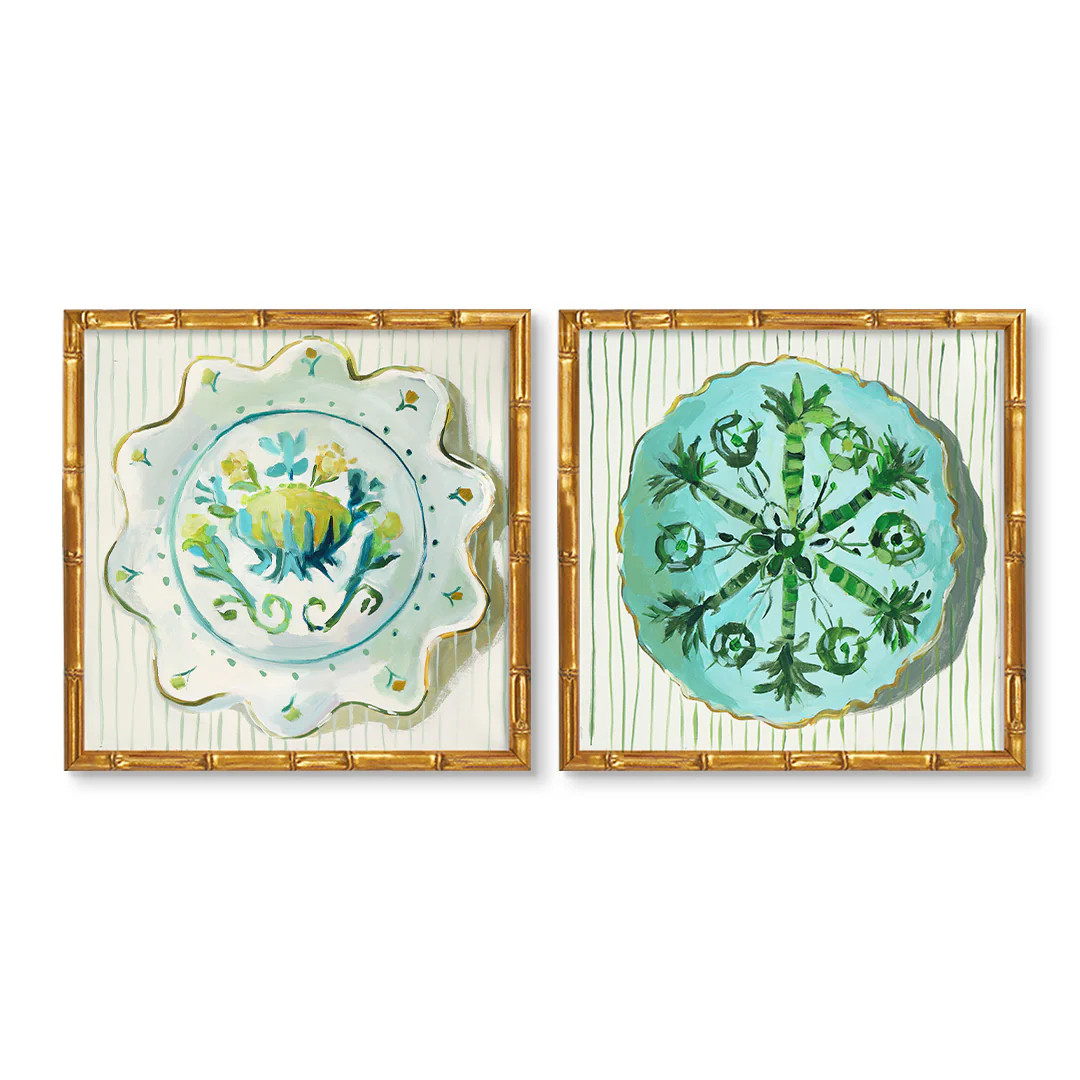 Decorative Celadon Plate Art Print Pair | Jenny Westenhofer Vintage Plate Wall Art | Urban Garden Prints