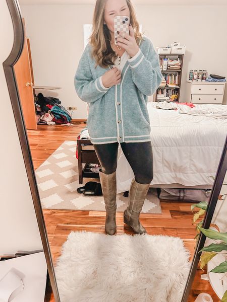 Thursday! 
Cardigan and boots are old but I linked similar ones. I do a Large in the Spanx leggings! Easy look to recreate with items in your own closet! 

#LTKstyletip #LTKover40 #LTKworkwear