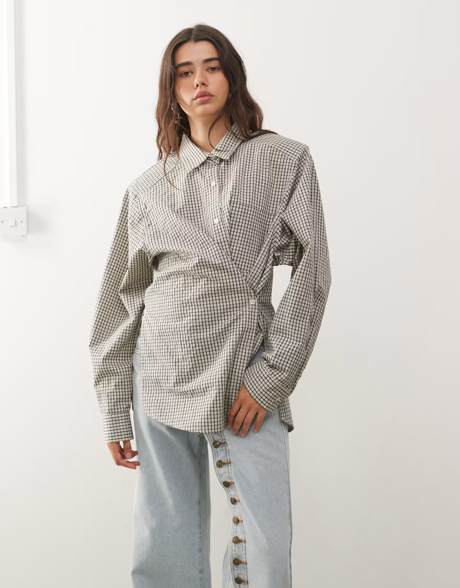 Lioness Notting Hill oversized shoulder pad detailing multiway button front shirt in cream plaid | ASOS (Global)