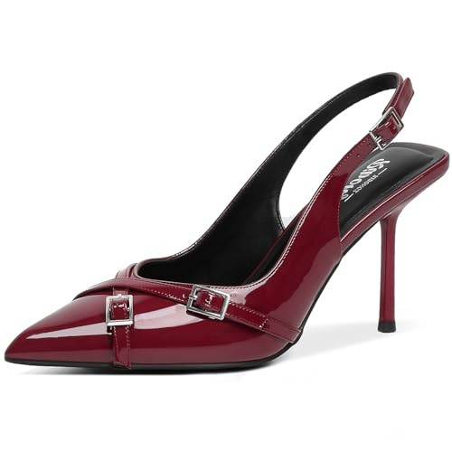 RIBONGZ Slingback Burgundy Heels for Women Closed Pointed Toe Stiletto High Heeled with Buckle Dress Sexy Dark Red Pumps Wedding Bride Prom Dating Party Working Dressy Shoes 9 | Amazon (US)