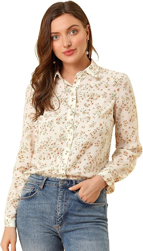Allegra K Women's Button Down Shirt Work Office Tops Long Sleeve Point Collar Floral Blouse | Amazon (US)
