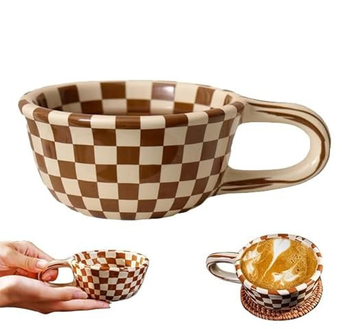 Checkerboard Coffee Mug, Brown Checkered Coffee Mug, Pottery Mug, Novelty Black and White Plaid Cup With Saucer for Office And Home, Tea Cup for Housewarming Gift, Dishwasher and Microwave Safe(Brown, | Amazon (US)