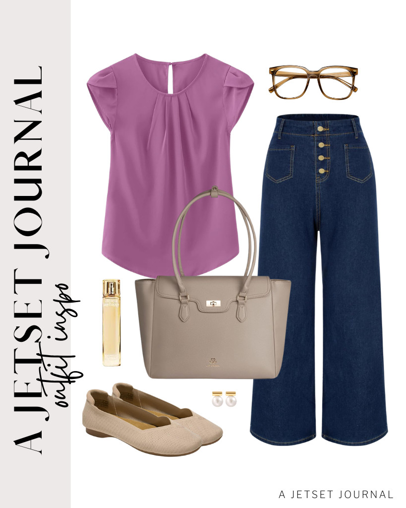 For a purple pleated blouse from TASAMO paired with flare jeans, you can wear Project Cloud flats. This LOVEVOOK laptop bag is perfect for this look, too! Complete this fit with PANNER oversized blue-light blocking glasses. 

#LTKSeasonal #LTKSaleAlert #LTKTravel
 

 