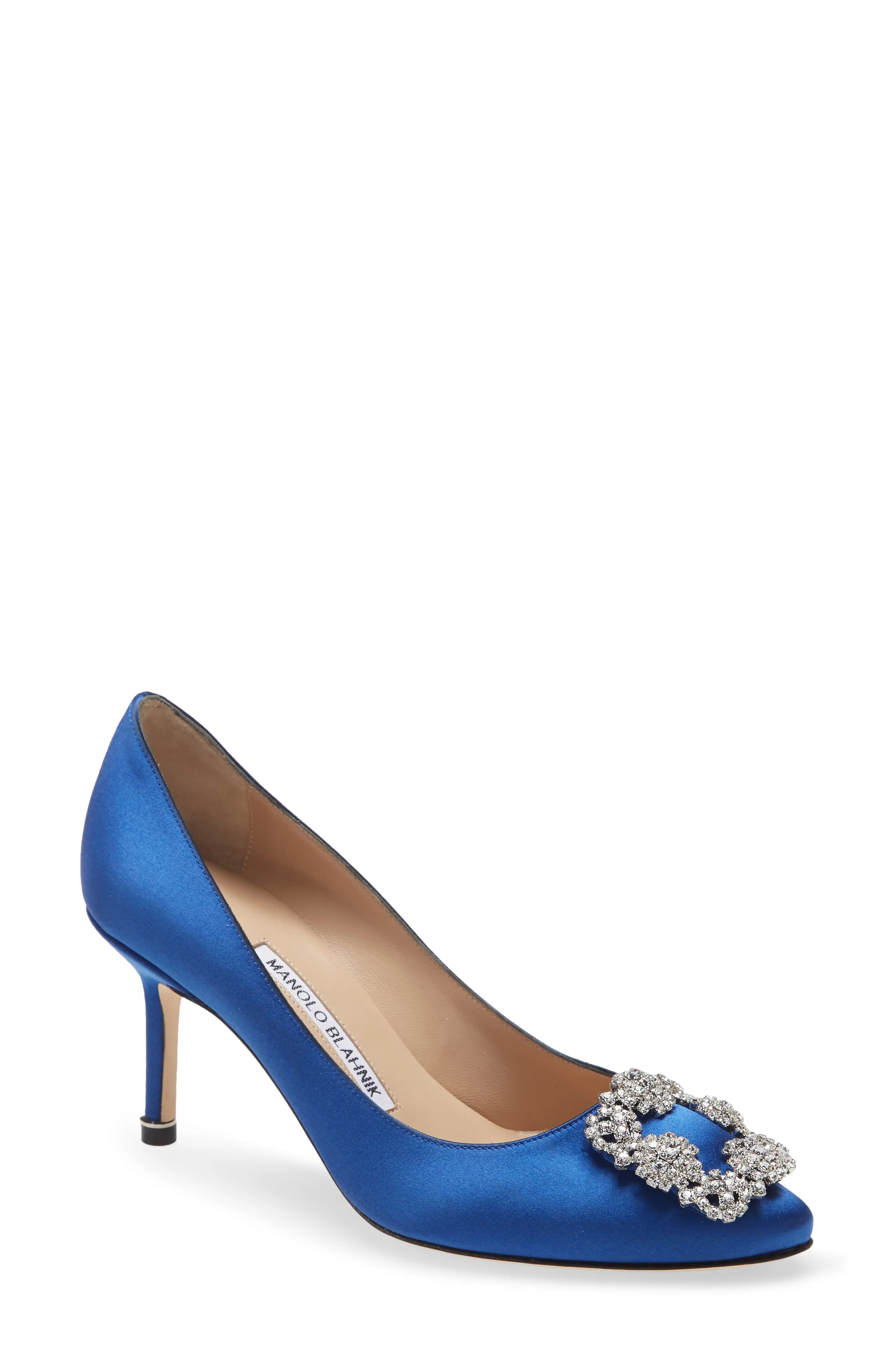 Manolo Blahnik Hangisi Crystal Buckle Pump in Blue Satin Clear/Buckle at Nordstrom, Size 8Us | Nordstrom