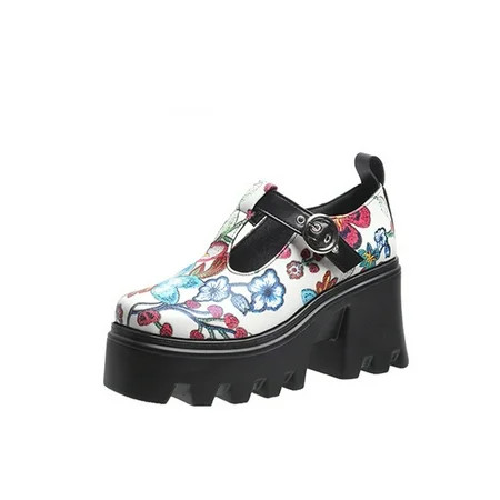 Harsuny Lady Casual Floral Loafers Wear-Resistant Adjustable Buckle Walking Thick Sole Round Toe | Walmart (US)