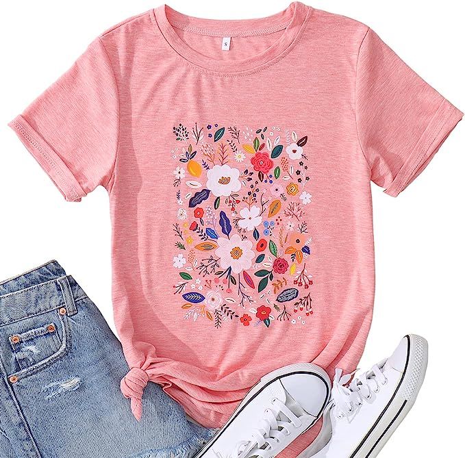 Women's Flower Graphic Summer T Shirt Loose Floral Printed Blouse Tops Round Neck Girls Short Sle... | Amazon (US)