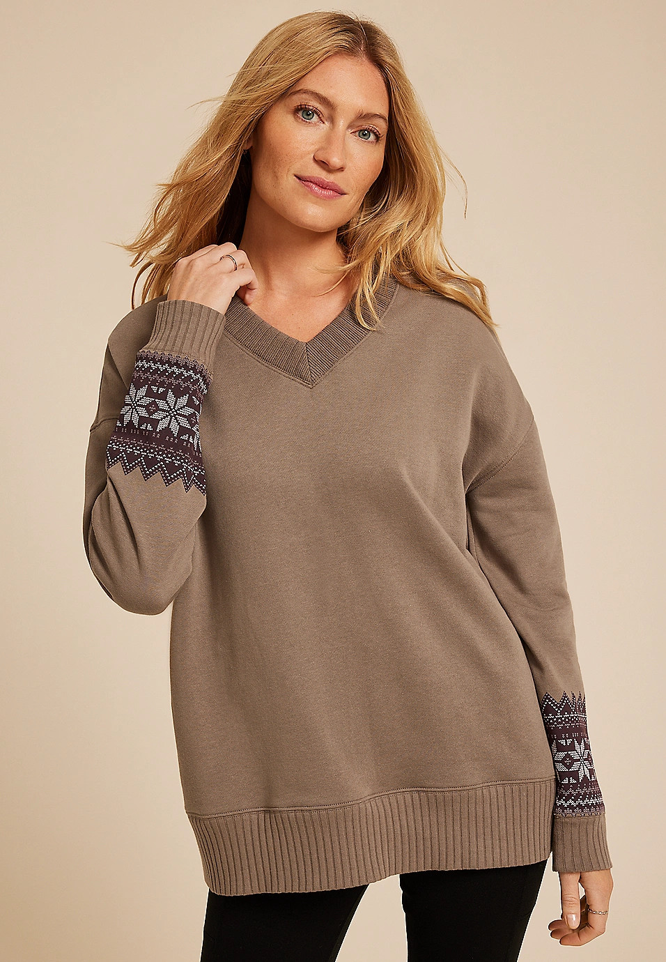 Willowsoft Fair Isle Sleeve Relaxed Fit Sweatshirt | Maurices