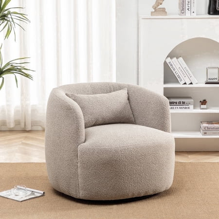 34" Wide Taupe Bouclé Swivel Barrel Accent Chair with Pillow, Modern Upholstered Armchair | Walmart (US)