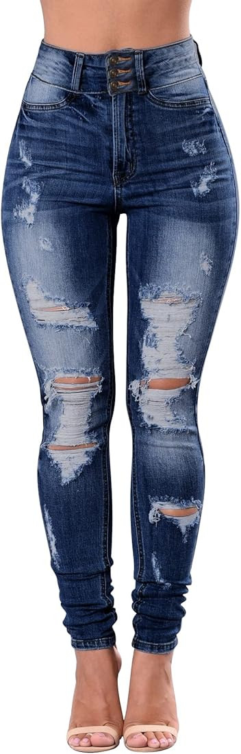 Women's High Waisted Butt Lift Stretch Ripped Skinny Jeans Juniors Distressed Button Down Jeans | Amazon (US)