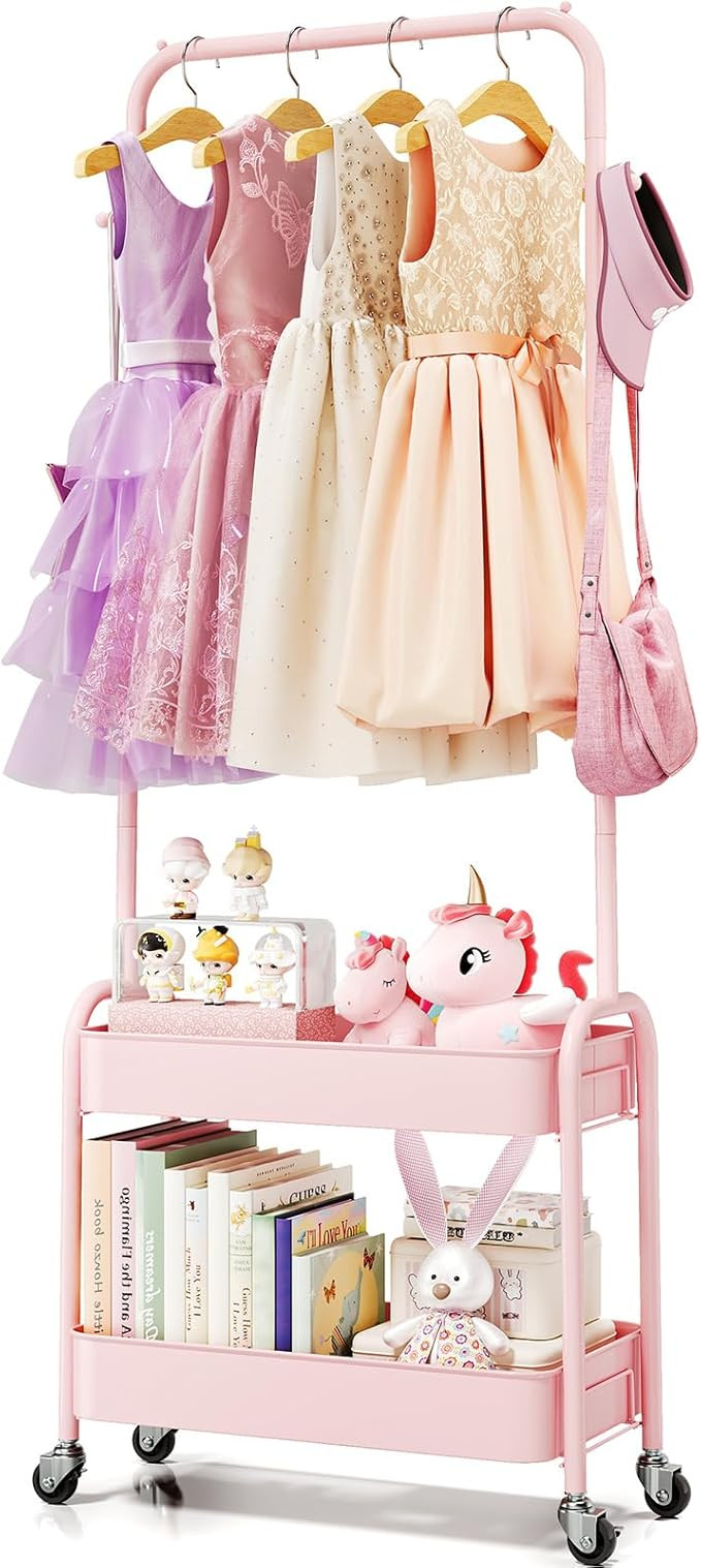 KINGRACK Kids Clothing Rack, Small Clothes Rack with Metal Basket, Wardrobe Rack with Wheels, Chi... | Amazon (US)