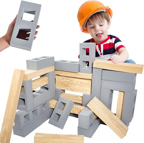 25 Pcs Foam Brick Building Blocks and 12 Pcs Foam Wooden Beam Building Blocks, Foam Blocks Thick ... | Amazon (US)