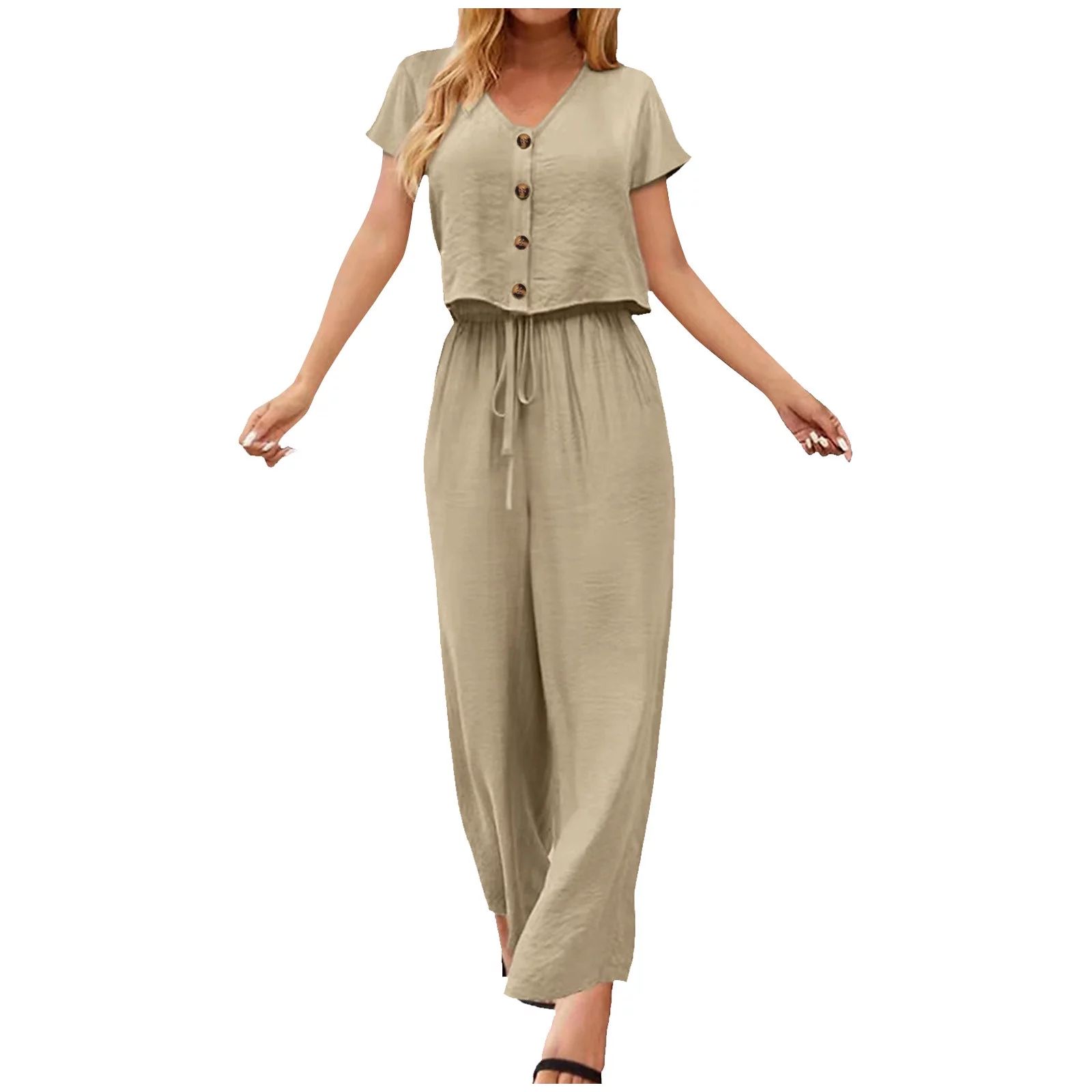 Women's 2 Piece Cotton Linen Set Short Sleeve Top Button Trim Drawstring Wide Leg Pants Loungewea... | Walmart (US)