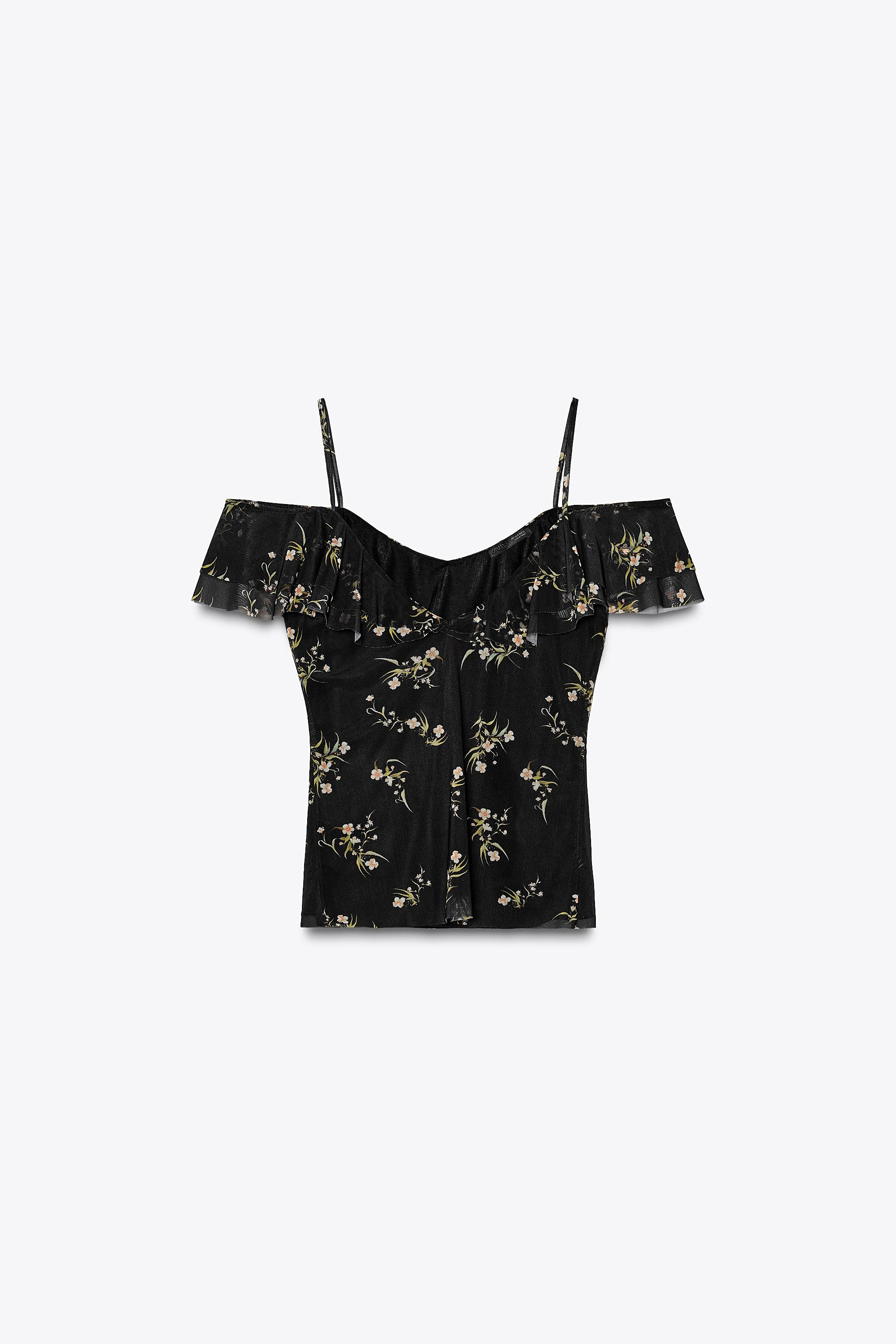 Top with a straight neckline, thin straps and very short sleeves. Frill detail. Lining. | Zara UK