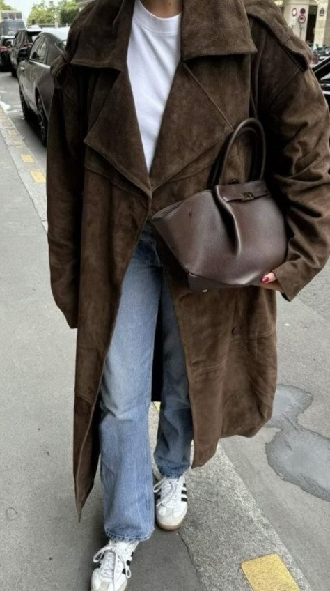 A suede brown long coat paired with blue jeans and adidas sambas is a timeless fall combination. The rich suede texture adds warmth and sophistication, while the denim keeps the look relaxed and effortless, a perfect balance of classic and casual chic. 

 #LTKSeasonal #LTKStyleTip #LTKItBag