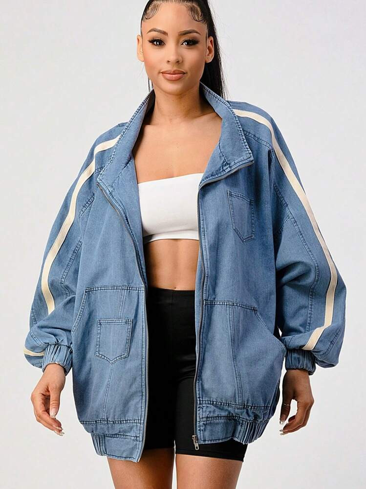Athina Sporty Denim Bomber Jacket | SHEIN