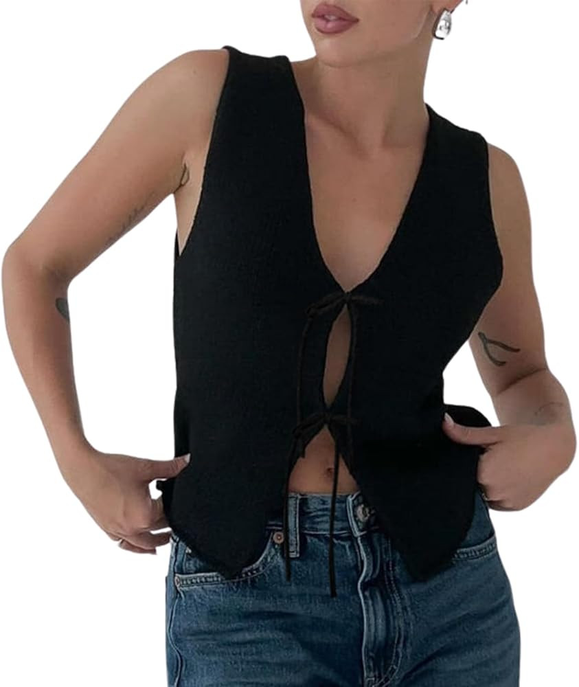 Meihuida Women Vest Top Tie Front Y2k Crochet Knit V Neck Sleeveless Vest Casual Streetwear | Amazon (US)