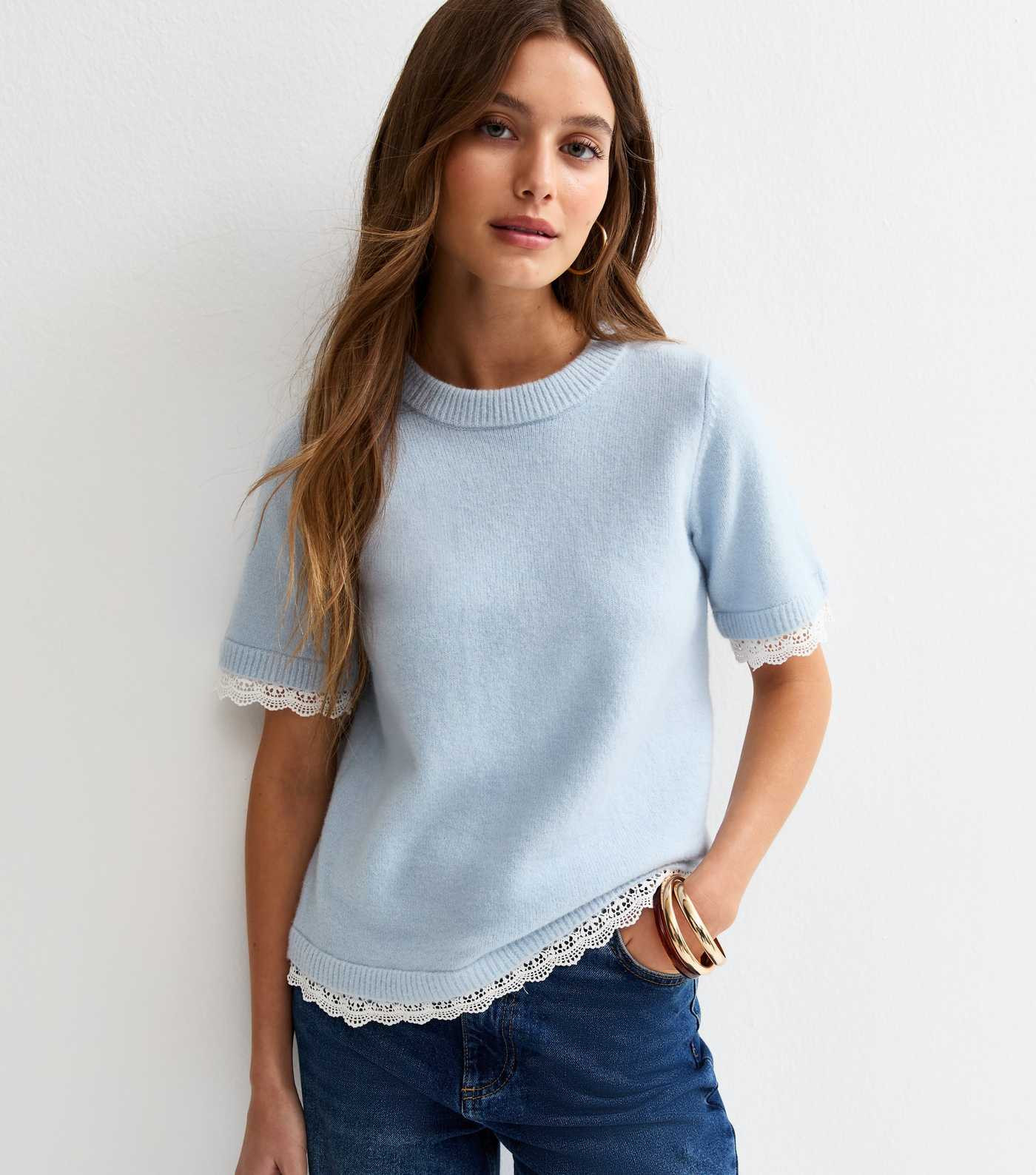 Light Blue Lace Trim Knitted T-Shirt | New Look | New Look (UK)