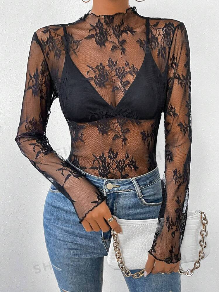 SHEIN Allurite Mock Neck Lettuce Trim Sheer Lace Top Without Bra | SHEIN