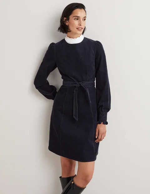 Smocked Cuff Corduroy Dress - Navy | Boden US | Boden (US)