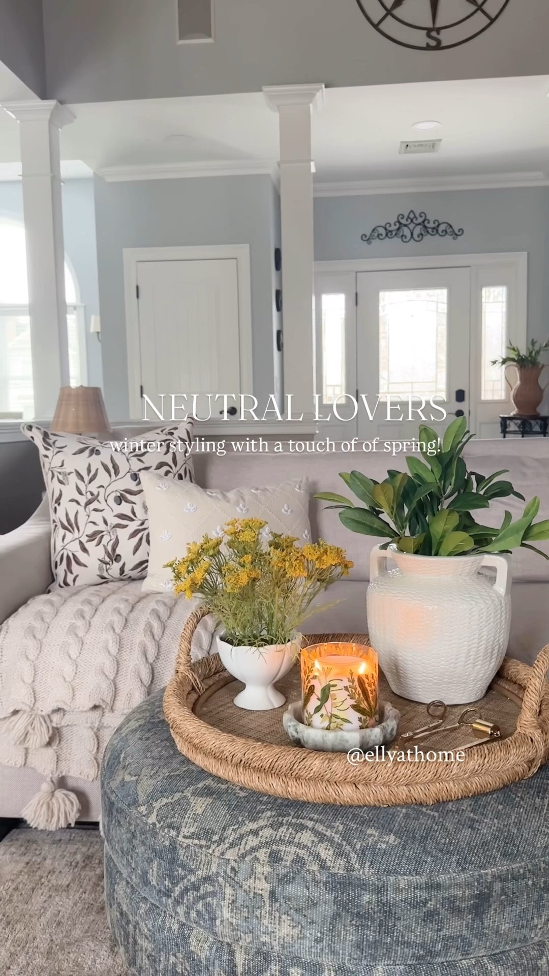 Neutral winter styling with a touch of spring! Shop throw pillows, throw blanket, neutral vase, $6 greenery, potted plant, candle shops free, candle accessories, more vases, area rug, sofa, rattan vases. Target, Pottery Barn, Amazon home, Crate & Barrel, free shipping, sales. 

#LTKFindsUnder50 #LTKHome #LTKSaleAlert