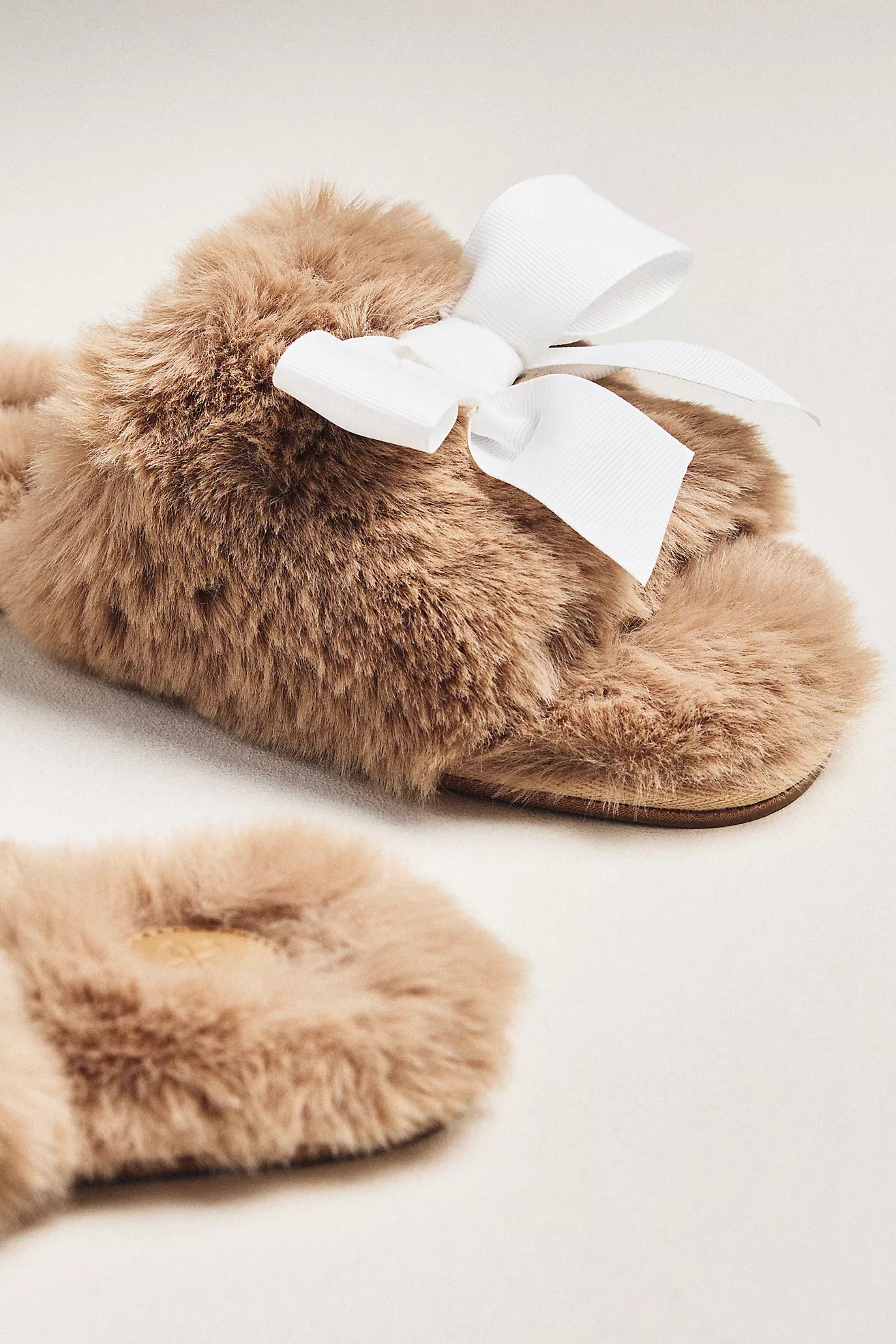 Maeve Faux Fur Open-Toe Bow Slippers | Anthropologie (US)