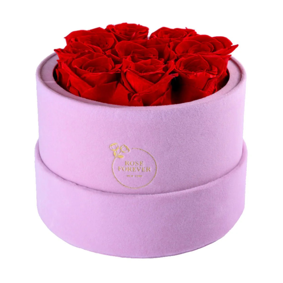 9 Red Roses - Pink Round Suede Box | Rose Forever 
