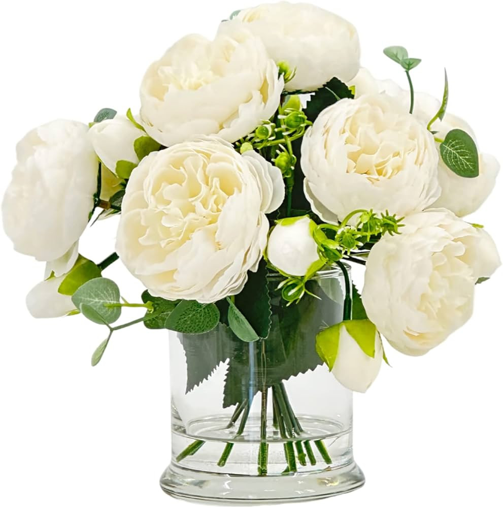 Peony Arrangement, Artificial Faux Centerpiece, Silk Flowers in Glass Vase for Home Office or Wed... | Amazon (US)
