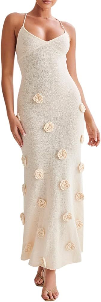 Women's Long Knit Cami Dress Sleeveless Open Back V Neck Back Cross Tie Up 3D Flower Floor Length... | Amazon (US)