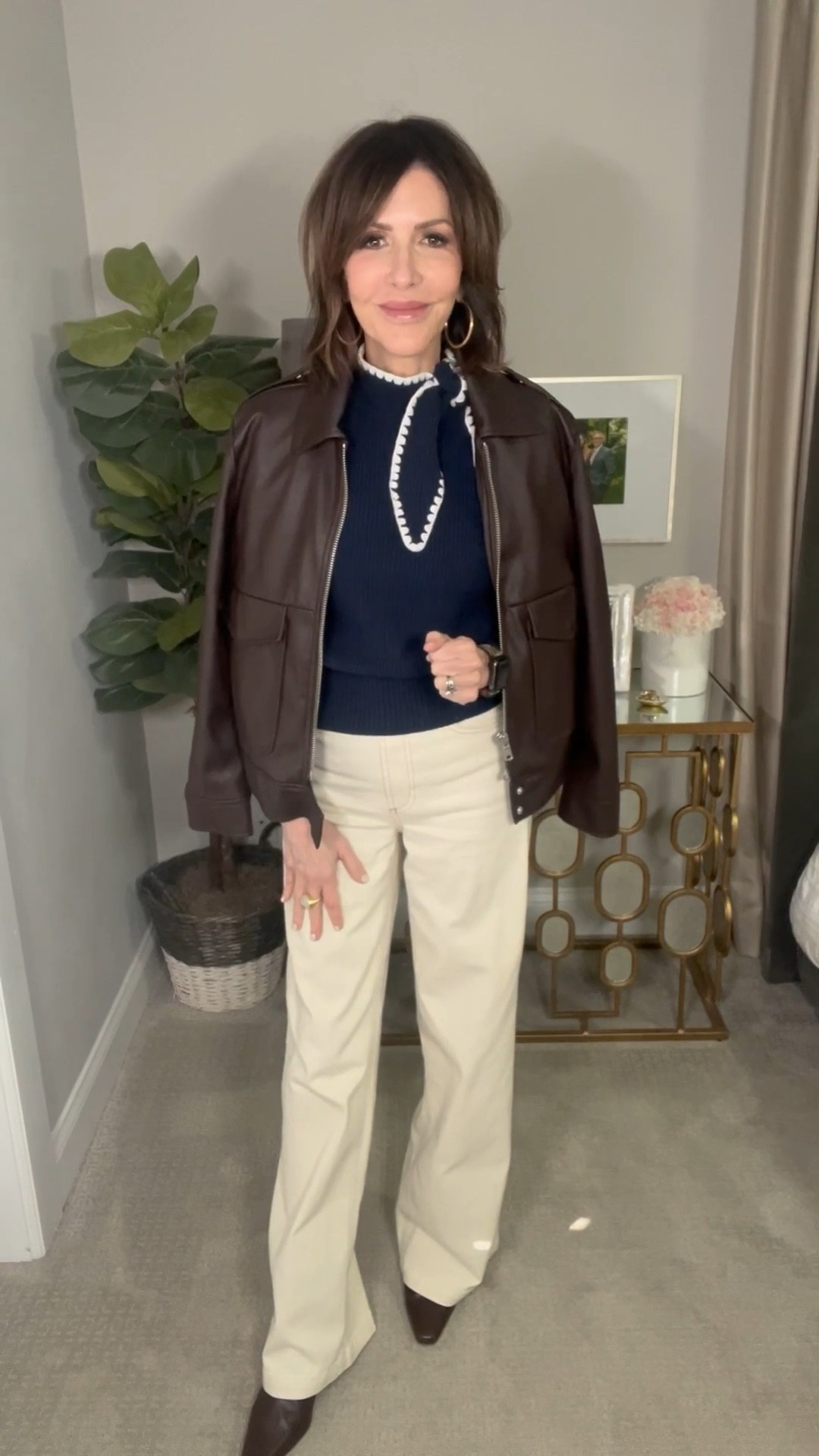 navy sweater, wide leg pants, brown boots, brown jacket, over 50 outfits, spring outfit 

#LTKSeasonal #LTKgrwm #LTKOver40