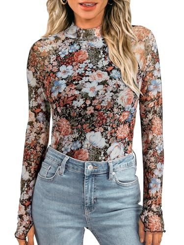 LILLUSORY Lace Long Sleeve Floral Mesh Mockneck Going Out Tops for Women Spring Fashion 2025 Fierce L | Amazon (US)