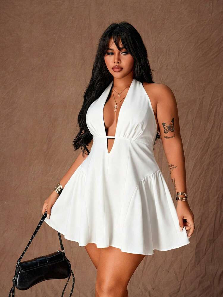Rustia Plus Size Sexy Chic Deep V-Neck Halter Tie Waist Slim Fit Dress | SHEIN