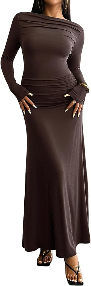 MCieloLuna Women Knit Bodycon Maxi Dress Long Sleeve Ruched Elegant Party Cocktail Formal Fall We... | Amazon (US)