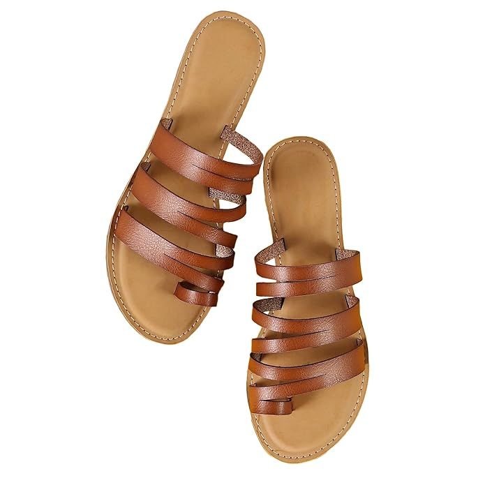 PiePieBuy Womens Cross Toe Flip Flops Strappy Gladiator Leather Summer Thong Flat Sandals | Amazon (US)