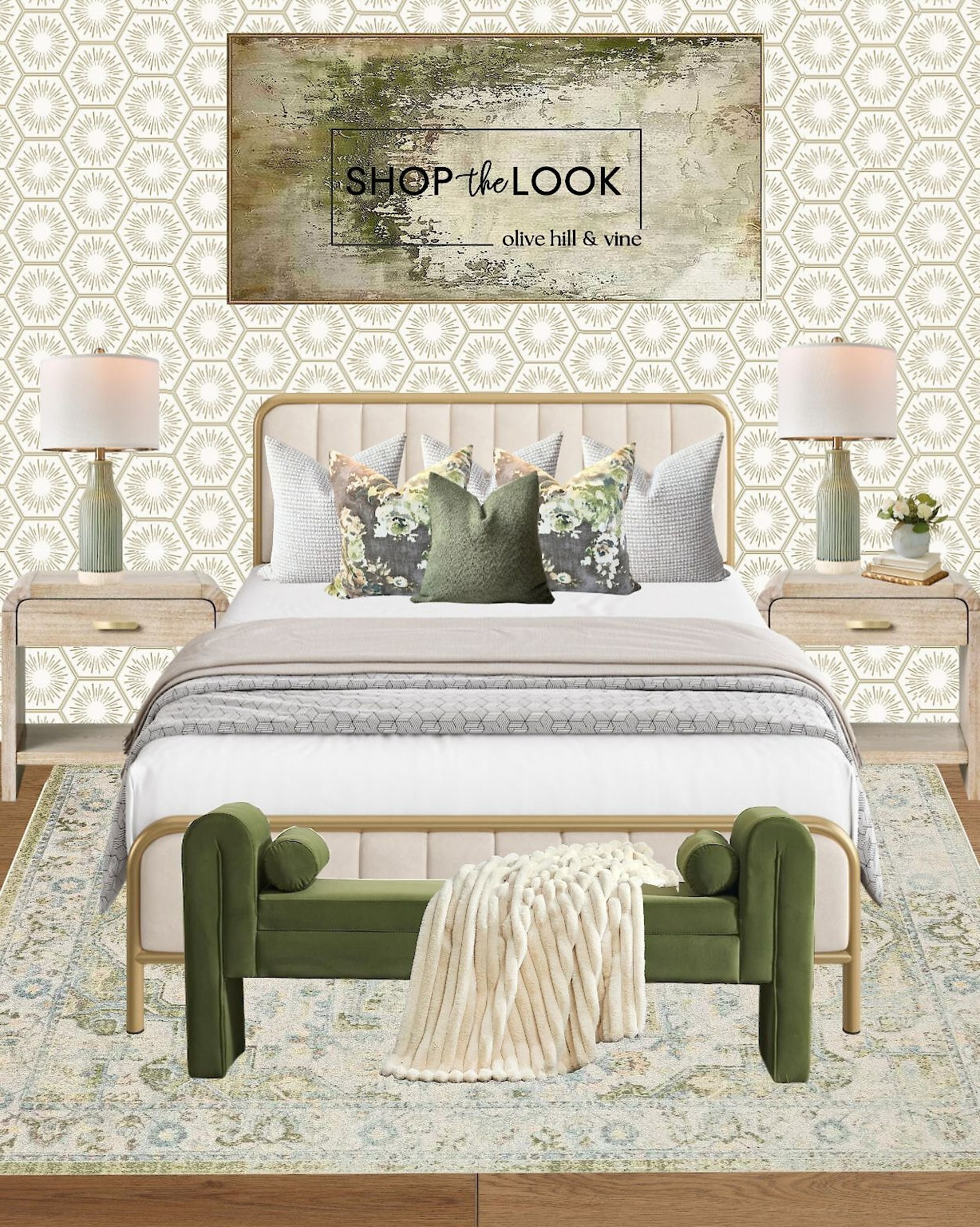 The mix of vintage, glam, and grounded green? Obsessed. A velvet bed with gold framing pairs with a blue-green medallion rug, honeycomb wallpaper, arched nightstands, and abstract wabi sabi art for that relaxed-luxe energy we’re loving.  

 

#LTKHome #LTKStyleTip #LTKFamily