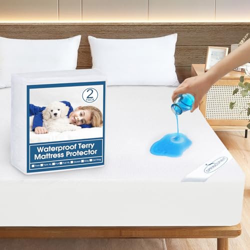 Crib Mattress Protector Waterproof 2 Pack Crib Sheets Fitted Mattress Pad Cover Soft Terry Breathable Fit for Toddler Bed Mattress up - 8" Machine Washable Crib Sheets | Amazon (US)