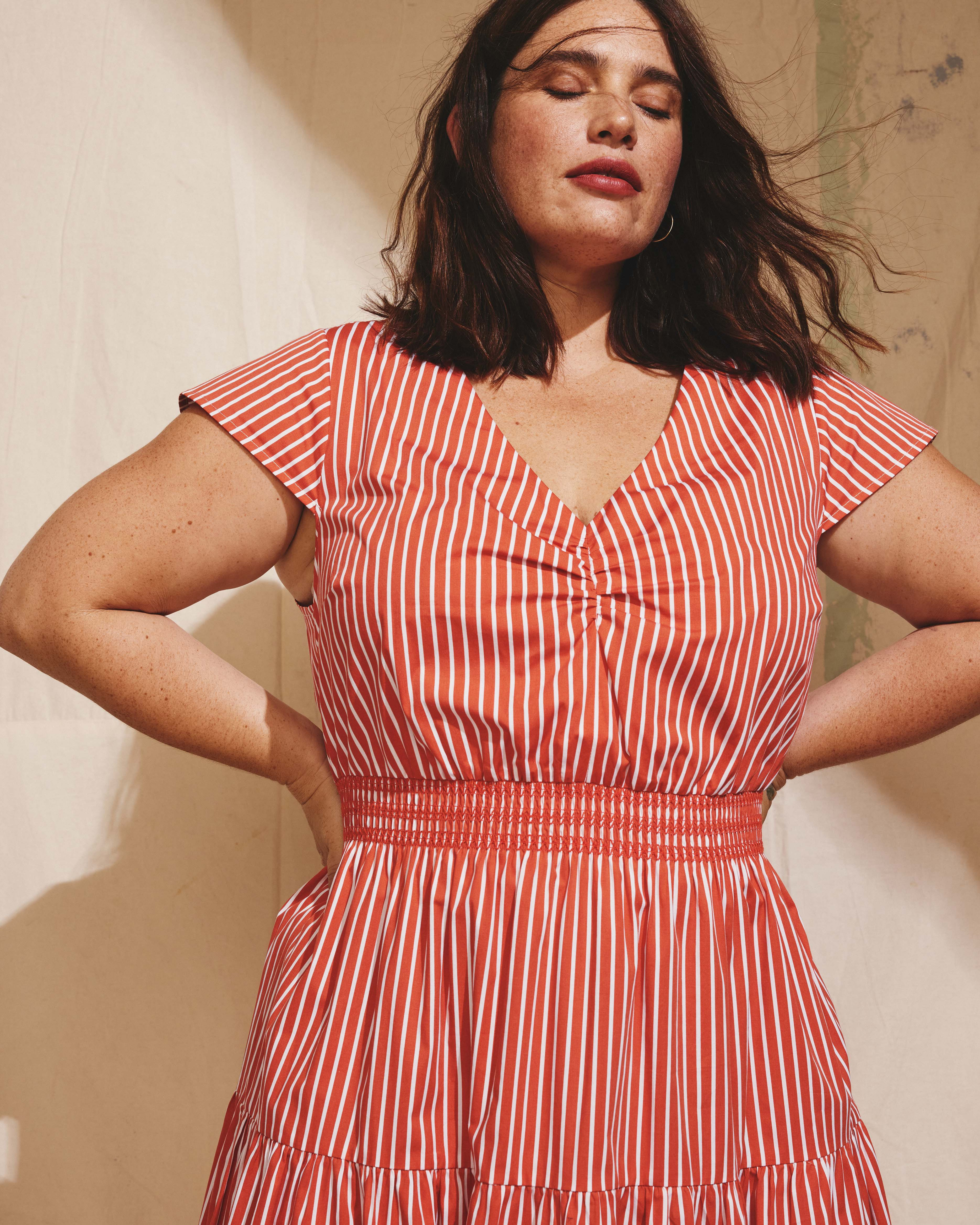 Ambroeus Smocked Poplin Dress - Coral Reef/White Stripe | Universal Standard