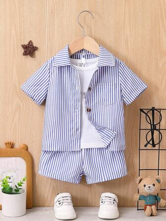 Baby Boy Fashionable Vertical Striped Short Sleeve Shirt And Shorts Set | SHEIN