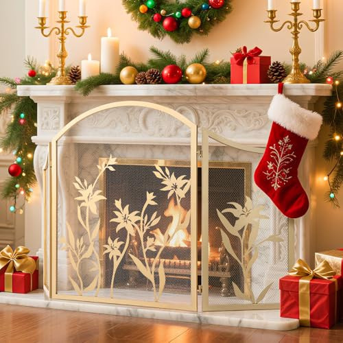 WICHEMI Fireplace Screen 3 Panel Folding Fireplace Screens 48.4 x 25.6 Inch Lily Pattern Golden Fireplace Screens Baby Safe Proof Fence Spark Guard Cover Wrought Iron Fire Place Standing Gate (Golden) | Amazon (US)