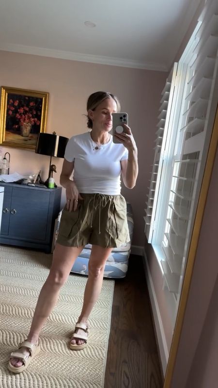 Spring outfit idea! This white cropped tee is a M from Abercrombie, the cargo shorts are a size small, sandals are Target and run 1/2 a size big. 

#LTKSeasonal #LTKshoecrush #LTKstyletip