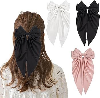 Eliongpu Hair Bows for Women 3Pcs Big Black White Pink Hair Bow Silky Satin Hair Ribbon Oversized... | Amazon (US)