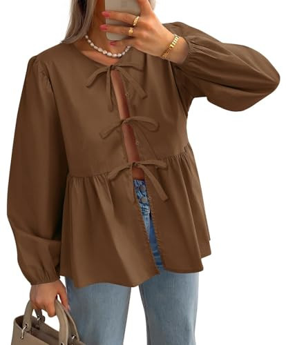 ZESICA Womens Tops Tie Front Long Puff Sleeve Button Peplum Babydoll Cute Shirts 2024 Fall Fashion Blouses,Brown,Small | Amazon (US)