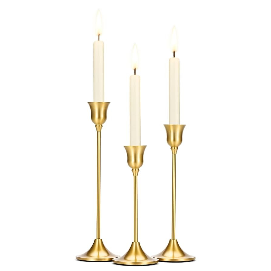 Tifanso Taper Candle Stick Holder - 3PCS Brass Gold Pillar Tall Candlestick Holders Metal Vintage... | Amazon (US)