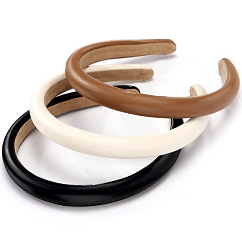 NARUNING 3 Pcs Padded Headbands for Women, Solid Color Leather Headbands, Fashion Headwear, Girls Women Hair Accessories (Black + white + brown) | Amazon (US)
