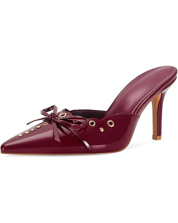 DOEYG Women Pointed Toe Bow Heels Mules Slip on Stiletto Heels Sandals Dress Party Wedding Studde... | Amazon (US)