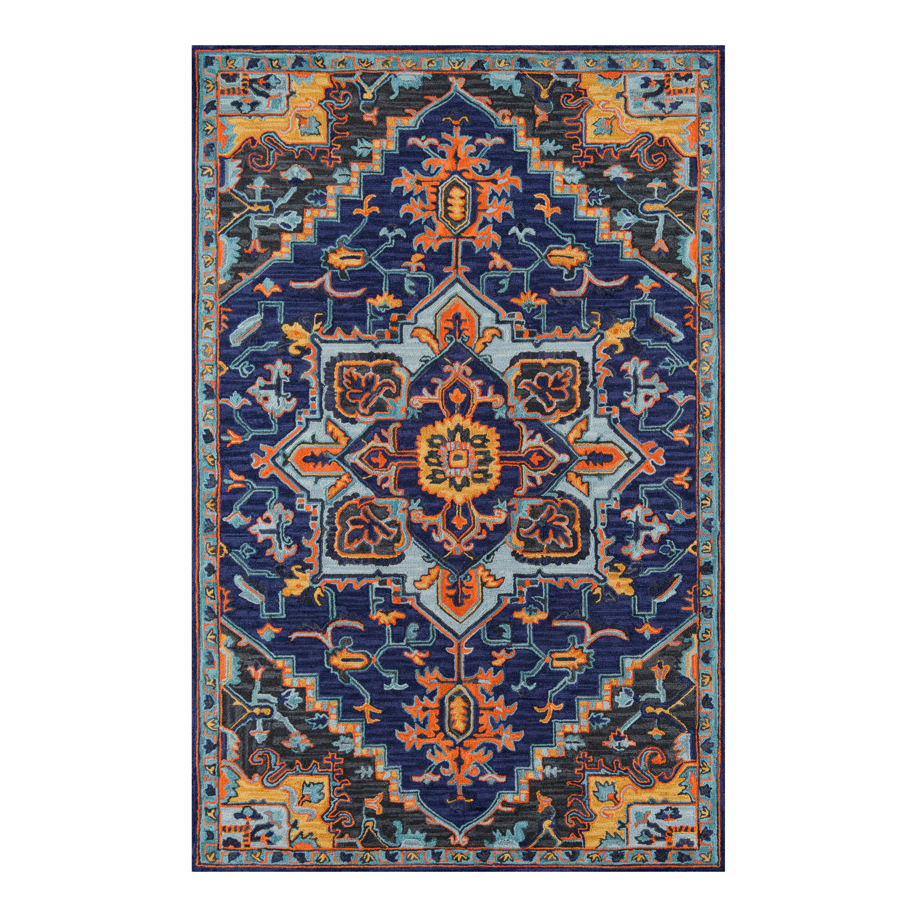 Zareen Navy and Orange Medallion Tufted Wool Area Rug | World Market