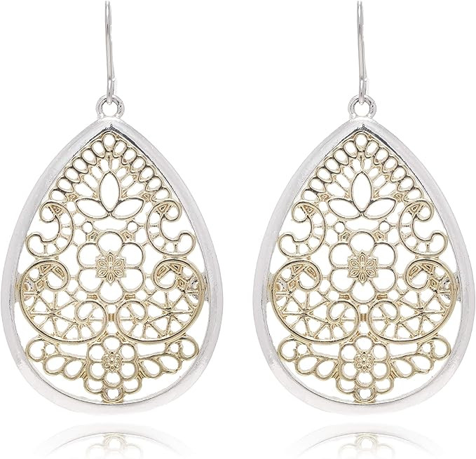 Bohemian Gold & Silver Two Tone Floral Filigree Big Tear Drop Earrings | Amazon (US)