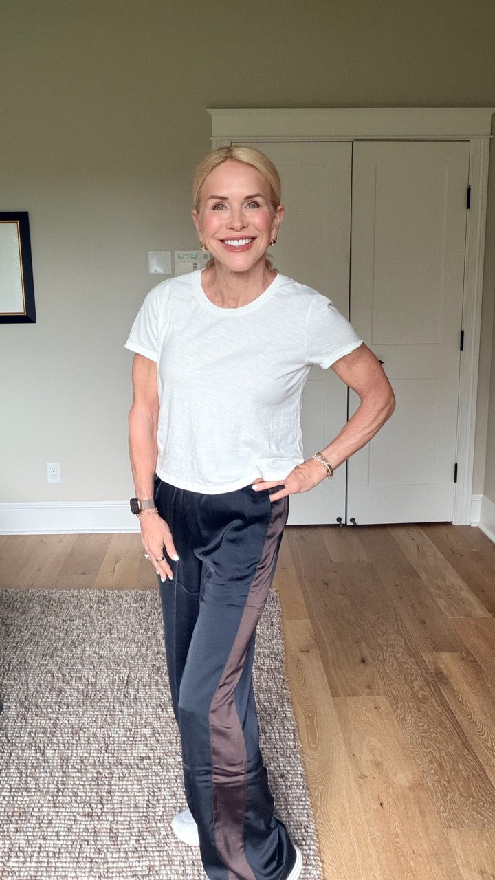 Loving these satin pants with the track stripe down the side. An elevated track pant look perfect for this season 🤎

#LTKootd #LTKSeasonal #LTKOver40